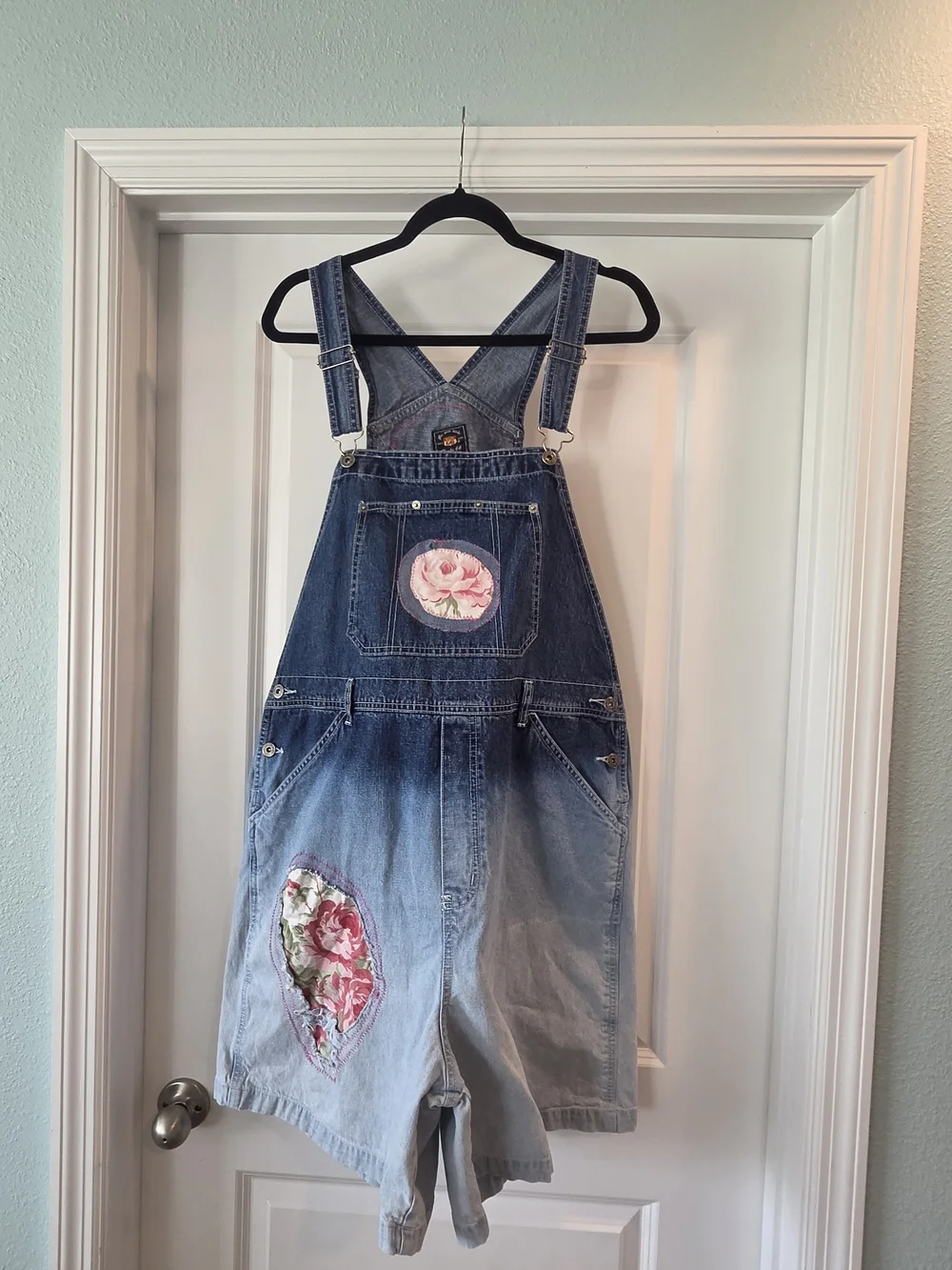 Vintage Route 66 Denim Short Overalls Floral Appliqué Boho Cottagecore Size 20
